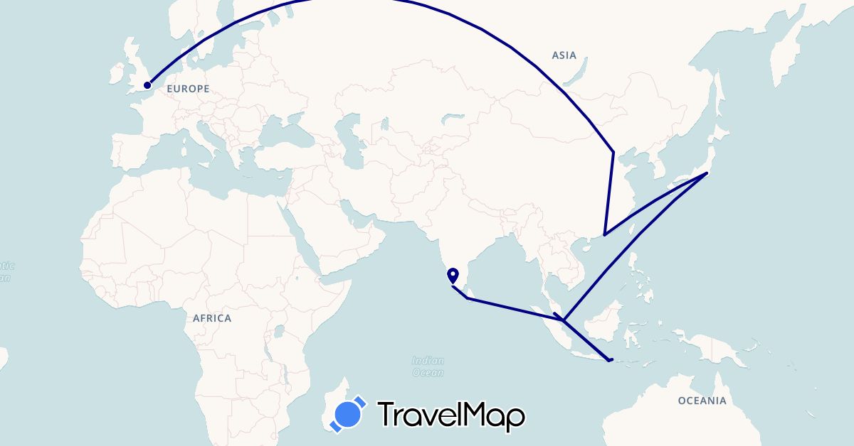 TravelMap itinerary: driving in China, United Kingdom, Hong Kong, Indonesia, India, Japan, Sri Lanka, Malaysia, Singapore (Asia, Europe)
